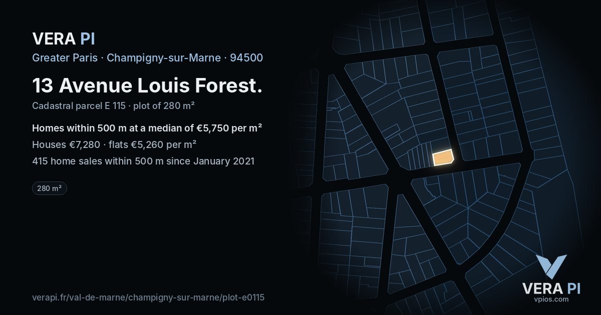 13 Avenue Louis Forest, Champigny-sur-Marne at night – the plot lit, the parcels around coloured by the prices near them