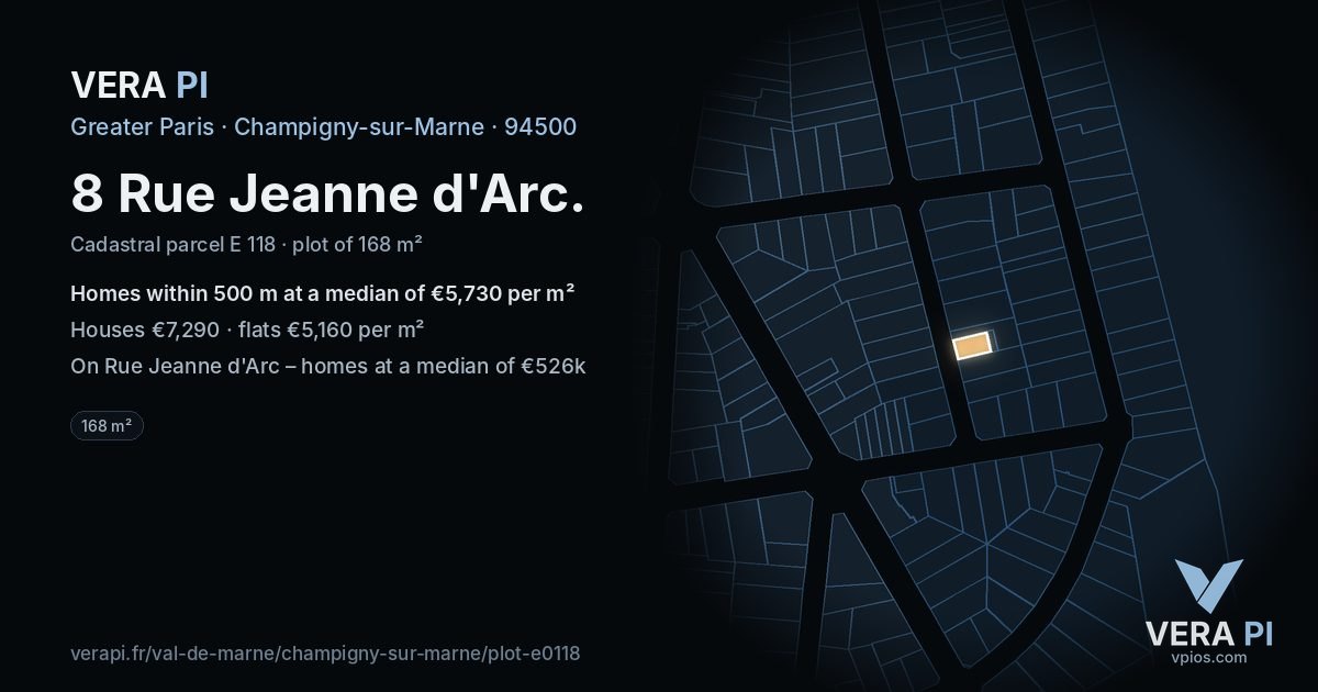8 Rue Jeanne d'Arc, Champigny-sur-Marne at night – the plot lit, the parcels around coloured by the prices near them