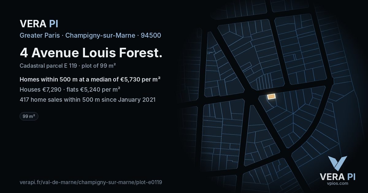 4 Avenue Louis Forest, Champigny-sur-Marne at night – the plot lit, the parcels around coloured by the prices near them