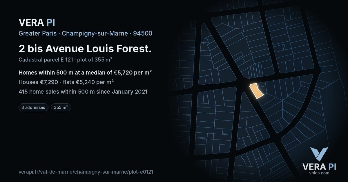 2 bis Avenue Louis Forest, Champigny-sur-Marne at night – the plot lit, the parcels around coloured by the prices near them