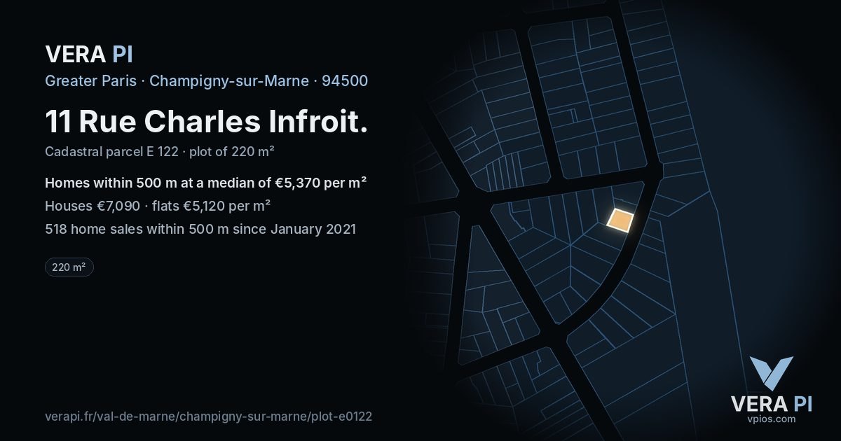 11 Rue Charles Infroit, Champigny-sur-Marne at night – the plot lit, the parcels around coloured by the prices near them