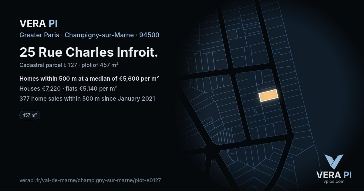 25 Rue Charles Infroit, Champigny-sur-Marne at night – the plot lit, the parcels around coloured by the prices near them
