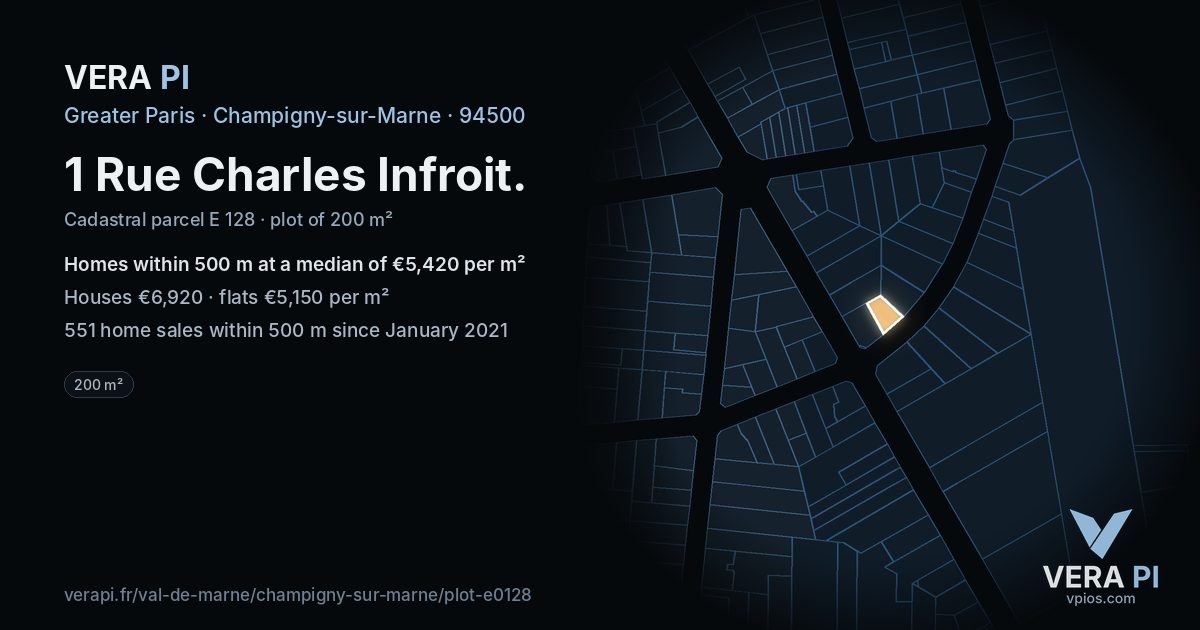 1 Rue Charles Infroit, Champigny-sur-Marne at night – the plot lit, the parcels around coloured by the prices near them