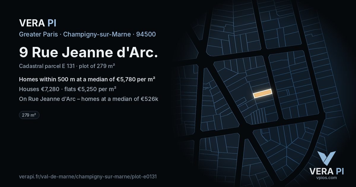 9 Rue Jeanne d'Arc, Champigny-sur-Marne at night – the plot lit, the parcels around coloured by the prices near them