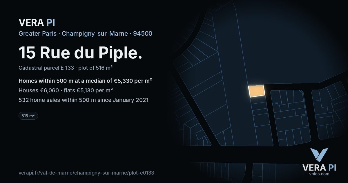 15 Rue du Piple, Champigny-sur-Marne at night – the plot lit, the parcels around coloured by the prices near them