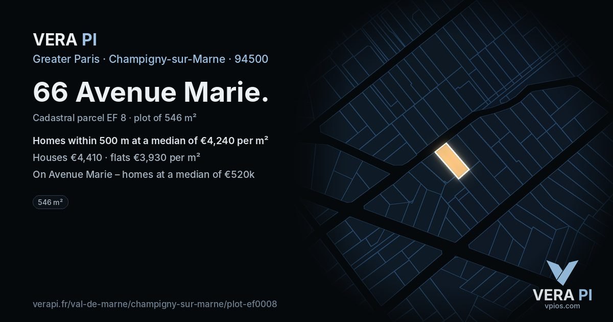 66 Avenue Marie, Champigny-sur-Marne at night – the plot lit, the parcels around coloured by the prices near them