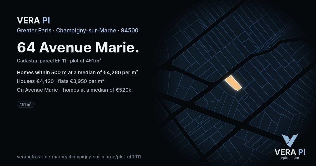 64 Avenue Marie, Champigny-sur-Marne at night – the plot lit, the parcels around coloured by the prices near them