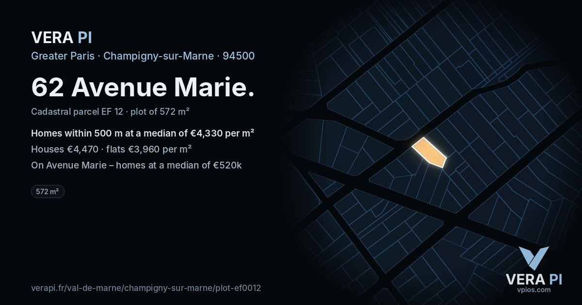 62 Avenue Marie, Champigny-sur-Marne at night – the plot lit, the parcels around coloured by the prices near them