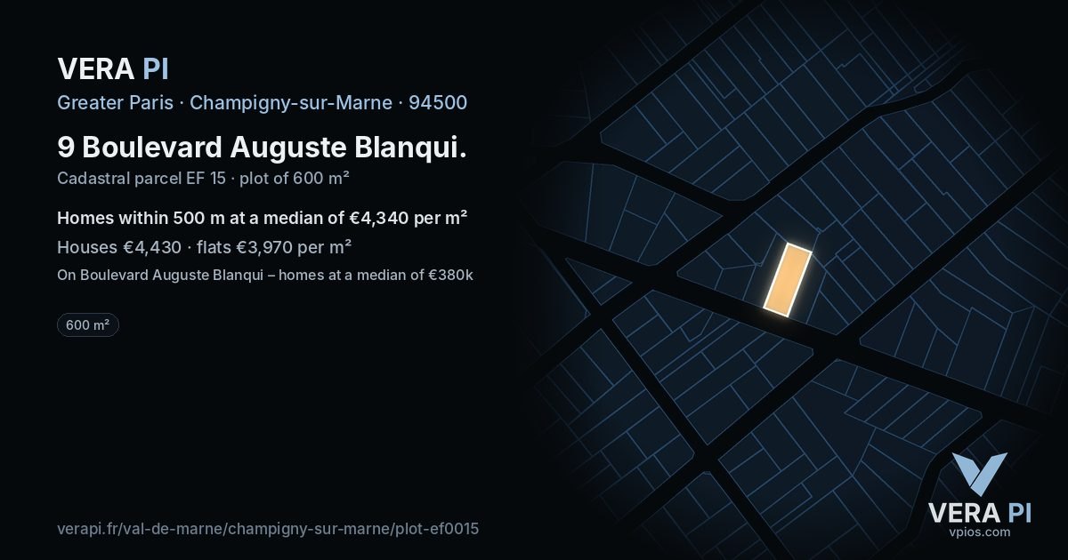 9 Boulevard Auguste Blanqui, Champigny-sur-Marne at night – the plot lit, the parcels around coloured by the prices near them