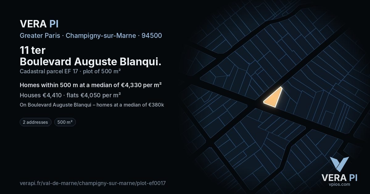 11 ter Boulevard Auguste Blanqui, Champigny-sur-Marne at night – the plot lit, the parcels around coloured by the prices near them