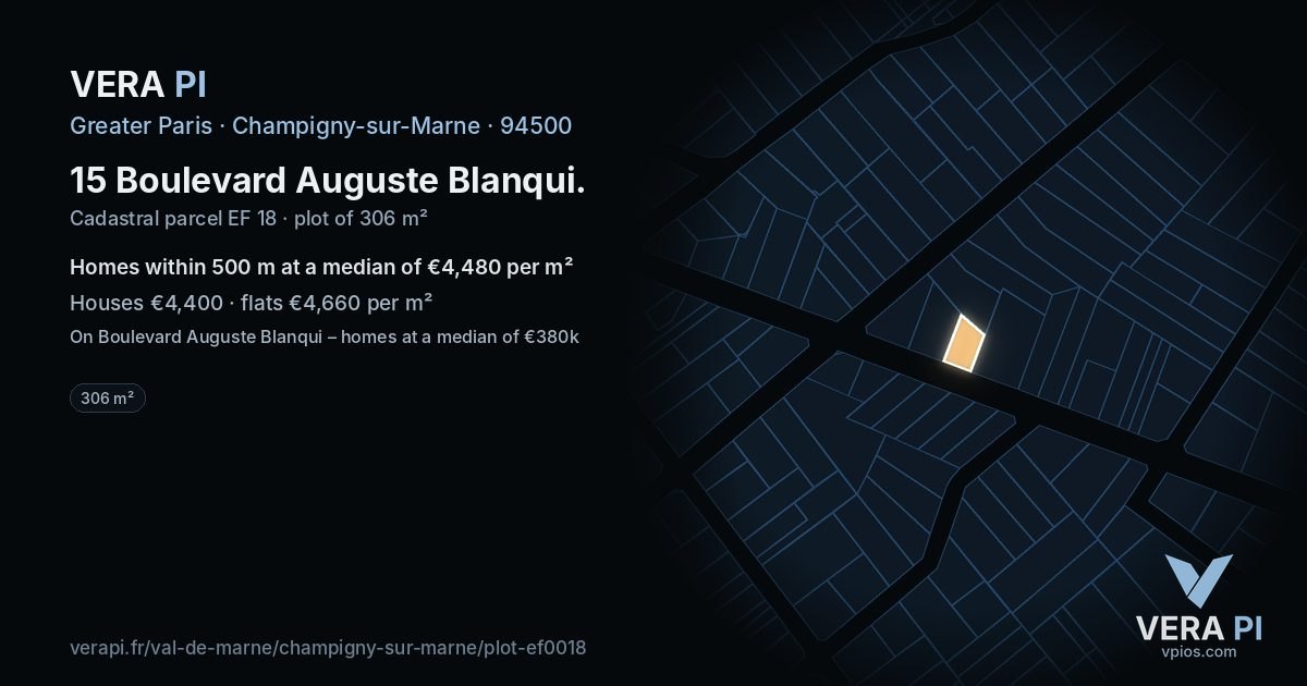 15 Boulevard Auguste Blanqui, Champigny-sur-Marne at night – the plot lit, the parcels around coloured by the prices near them