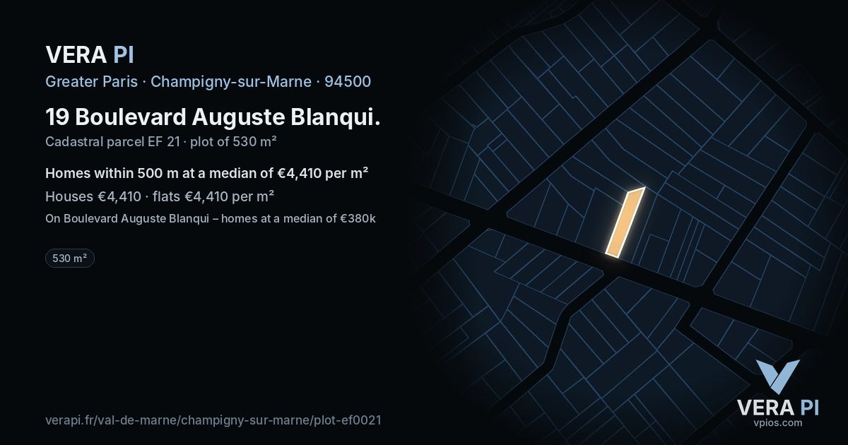 19 Boulevard Auguste Blanqui, Champigny-sur-Marne at night – the plot lit, the parcels around coloured by the prices near them