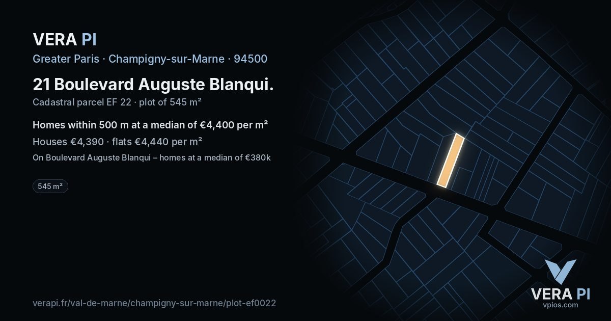 21 Boulevard Auguste Blanqui, Champigny-sur-Marne at night – the plot lit, the parcels around coloured by the prices near them