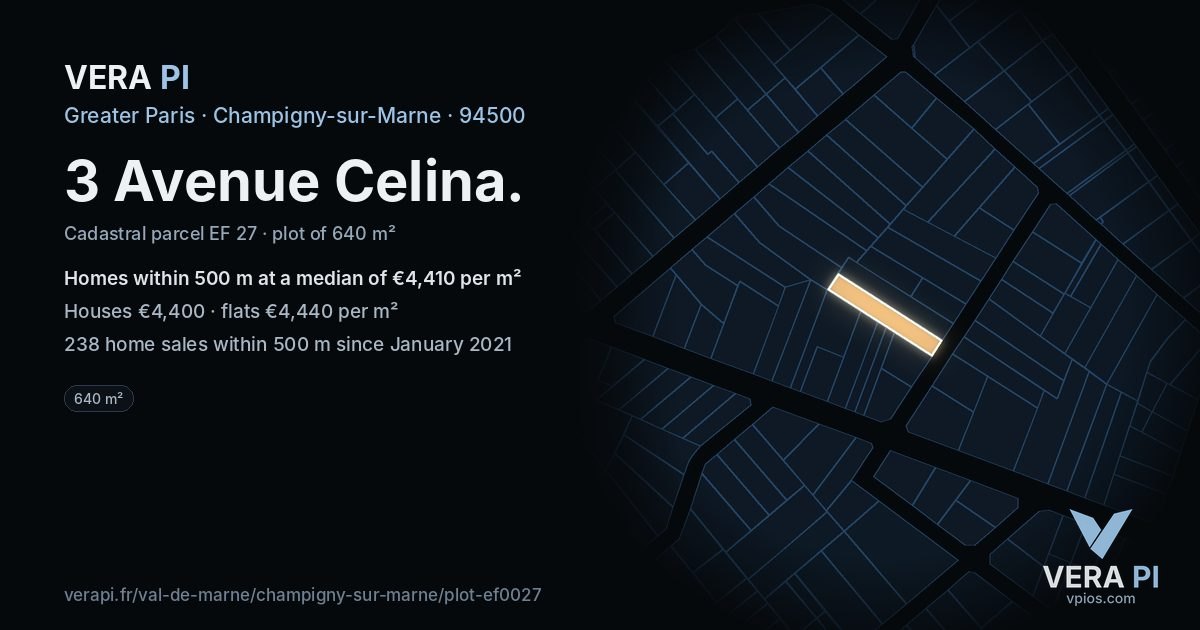 3 Avenue Celina, Champigny-sur-Marne at night – the plot lit, the parcels around coloured by the prices near them