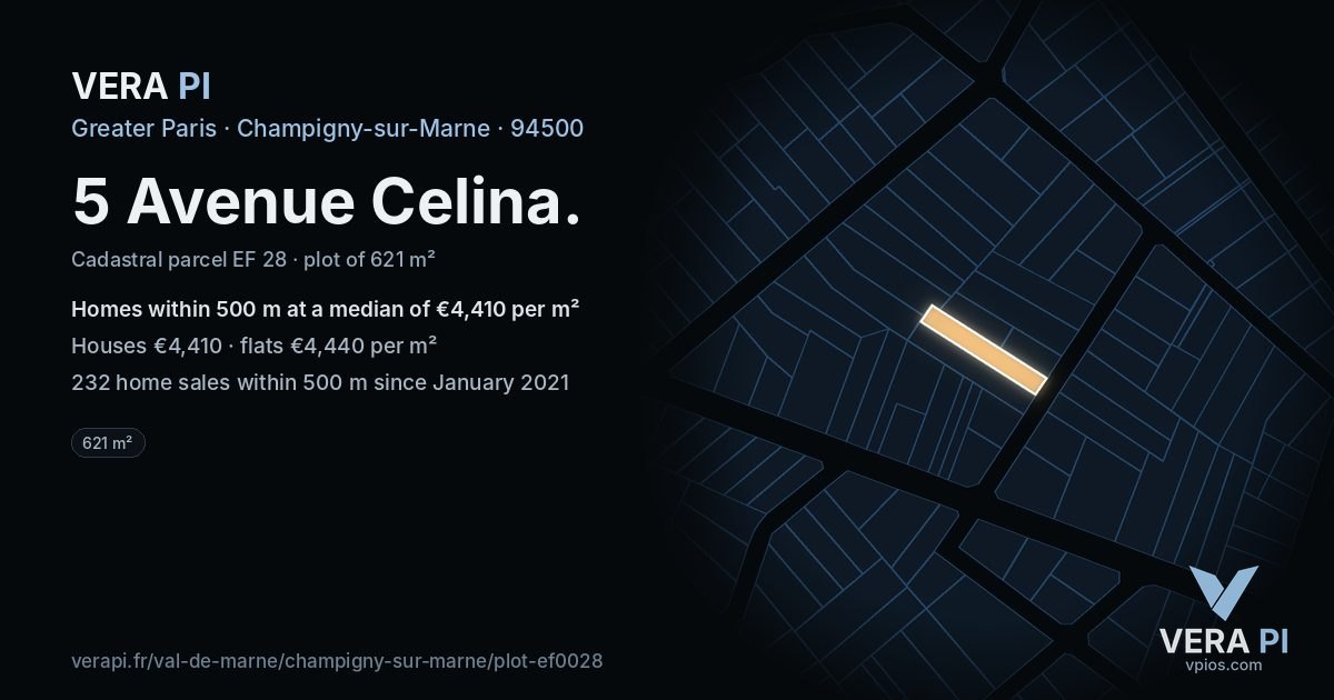 5 Avenue Celina, Champigny-sur-Marne at night – the plot lit, the parcels around coloured by the prices near them