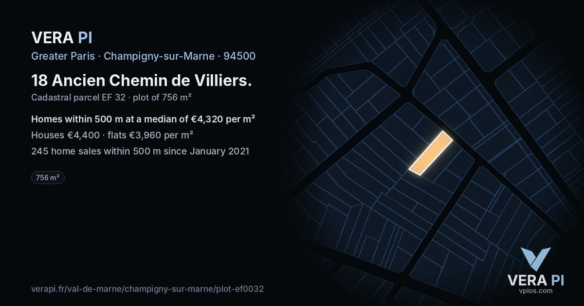 18 Ancien Chemin de Villiers, Champigny-sur-Marne at night – the plot lit, the parcels around coloured by the prices near them