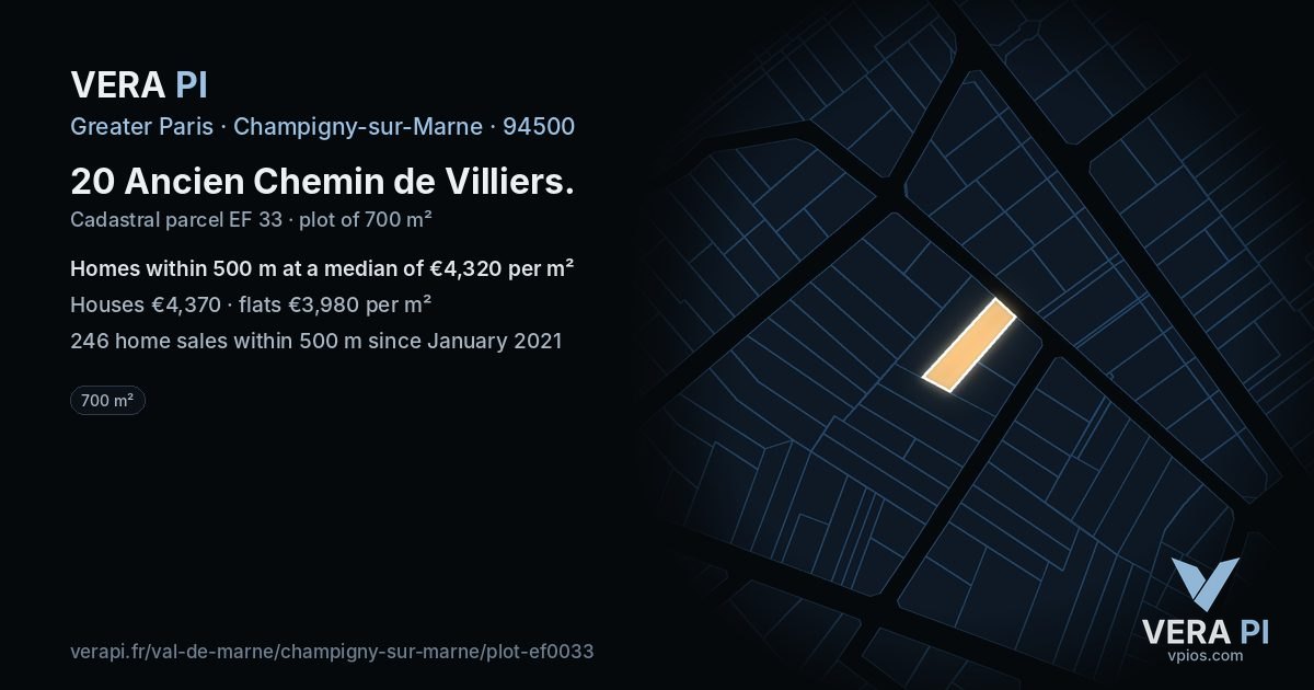 20 Ancien Chemin de Villiers, Champigny-sur-Marne at night – the plot lit, the parcels around coloured by the prices near them