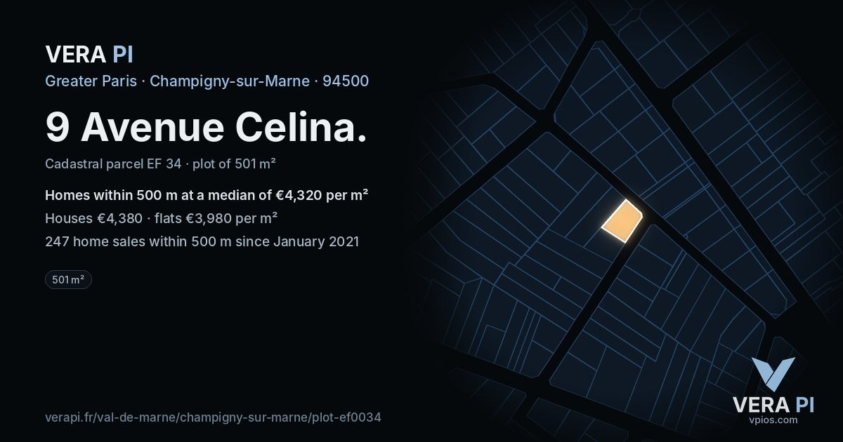 9 Avenue Celina, Champigny-sur-Marne at night – the plot lit, the parcels around coloured by the prices near them