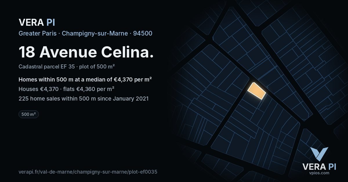 18 Avenue Celina, Champigny-sur-Marne at night – the plot lit, the parcels around coloured by the prices near them