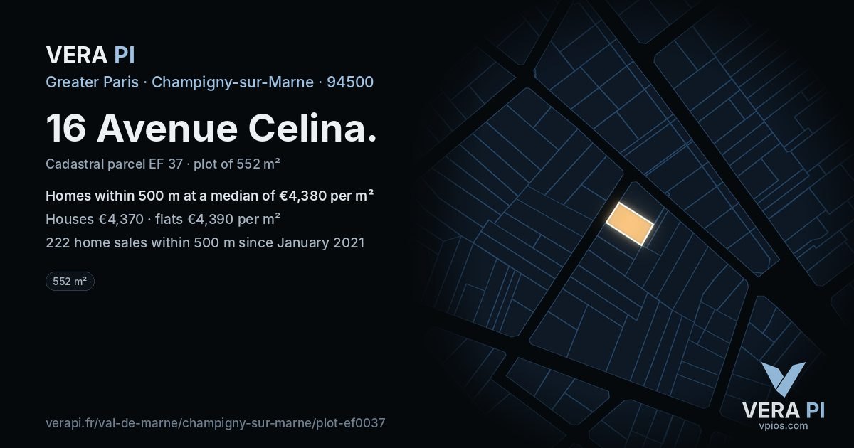 16 Avenue Celina, Champigny-sur-Marne at night – the plot lit, the parcels around coloured by the prices near them