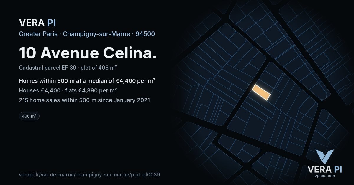 10 Avenue Celina, Champigny-sur-Marne at night – the plot lit, the parcels around coloured by the prices near them