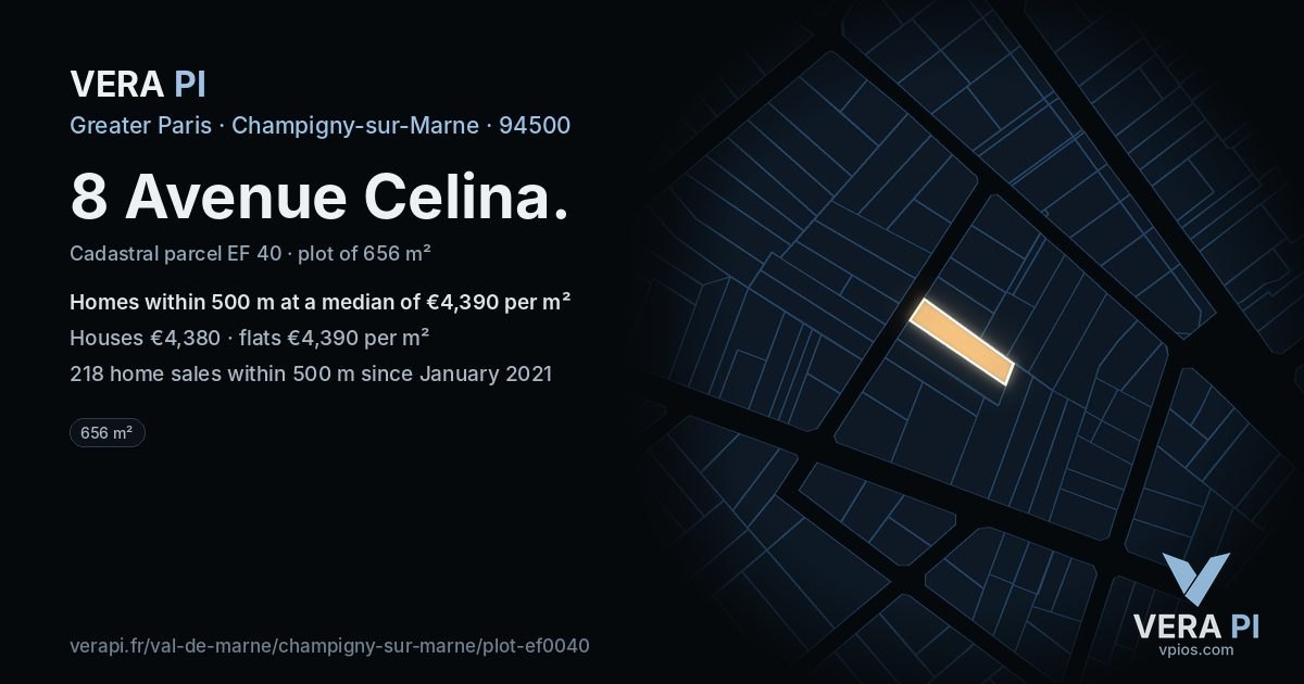 8 Avenue Celina, Champigny-sur-Marne at night – the plot lit, the parcels around coloured by the prices near them