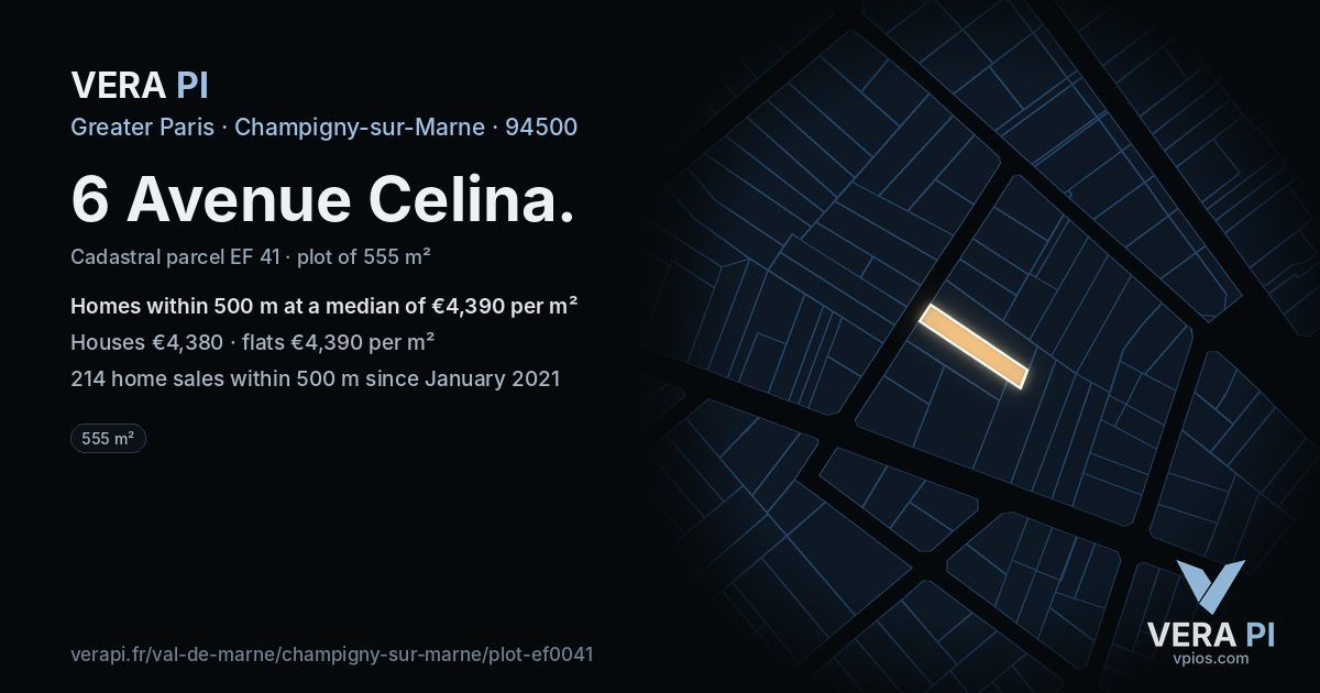 6 Avenue Celina, Champigny-sur-Marne at night – the plot lit, the parcels around coloured by the prices near them