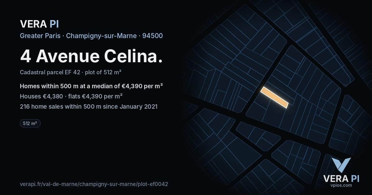 4 Avenue Celina, Champigny-sur-Marne at night – the plot lit, the parcels around coloured by the prices near them