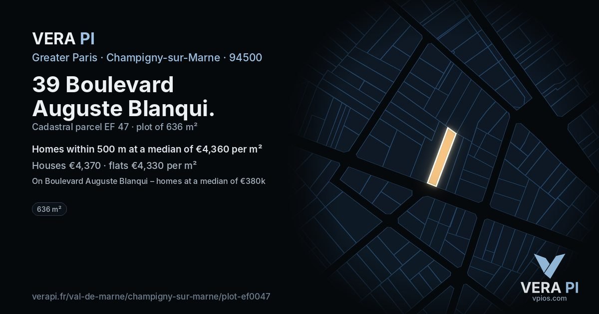 39 Boulevard Auguste Blanqui, Champigny-sur-Marne at night – the plot lit, the parcels around coloured by the prices near them