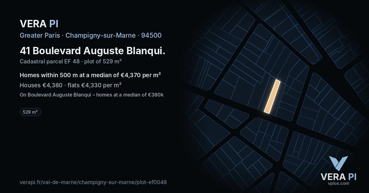 41 Boulevard Auguste Blanqui, Champigny-sur-Marne at night – the plot lit, the parcels around coloured by the prices near them