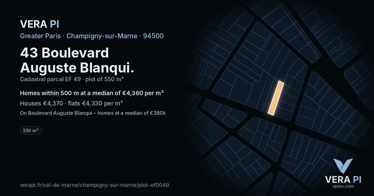 43 Boulevard Auguste Blanqui, Champigny-sur-Marne at night – the plot lit, the parcels around coloured by the prices near them