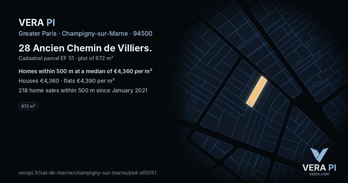 28 Ancien Chemin de Villiers, Champigny-sur-Marne at night – the plot lit, the parcels around coloured by the prices near them