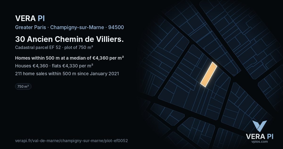 30 Ancien Chemin de Villiers, Champigny-sur-Marne at night – the plot lit, the parcels around coloured by the prices near them