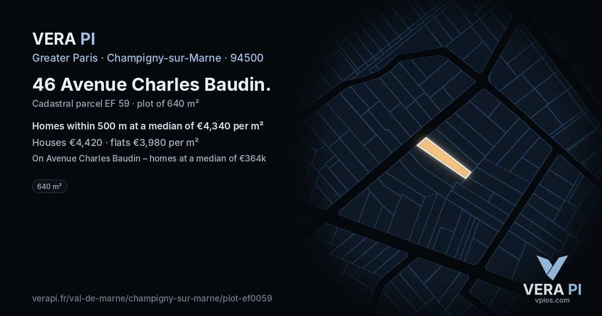 46 Avenue Charles Baudin, Champigny-sur-Marne at night – the plot lit, the parcels around coloured by the prices near them