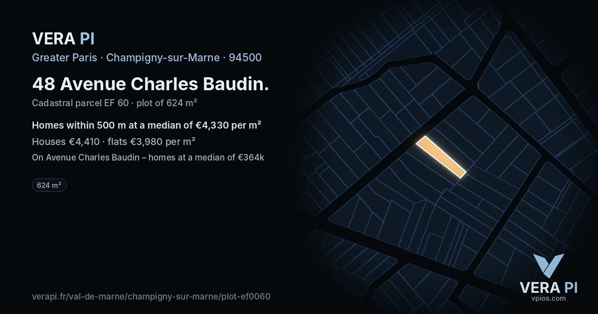 48 Avenue Charles Baudin, Champigny-sur-Marne at night – the plot lit, the parcels around coloured by the prices near them