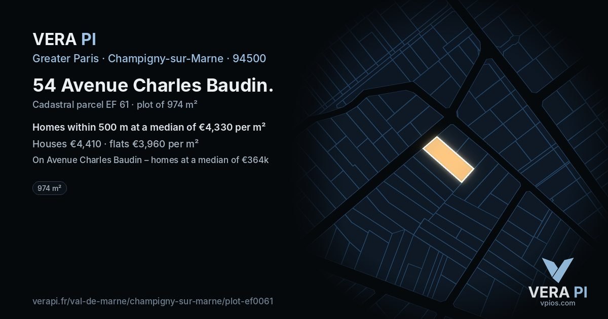 54 Avenue Charles Baudin, Champigny-sur-Marne at night – the plot lit, the parcels around coloured by the prices near them