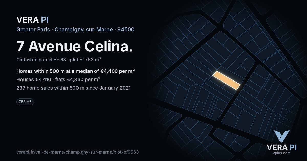 7 Avenue Celina, Champigny-sur-Marne at night – the plot lit, the parcels around coloured by the prices near them