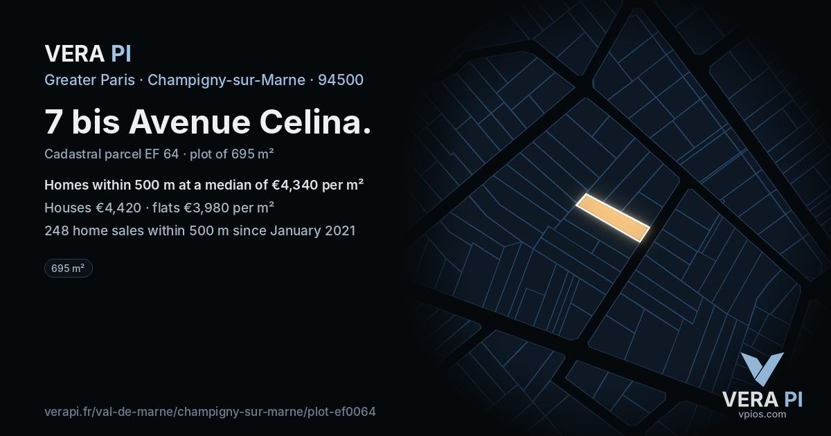 7 bis Avenue Celina, Champigny-sur-Marne at night – the plot lit, the parcels around coloured by the prices near them