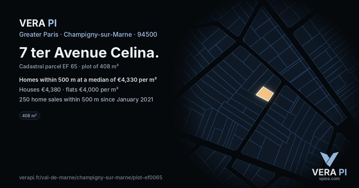 7 ter Avenue Celina, Champigny-sur-Marne at night – the plot lit, the parcels around coloured by the prices near them