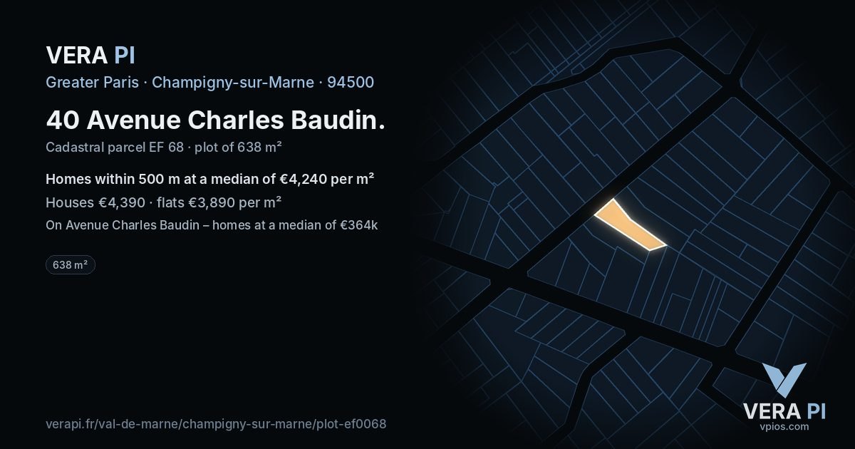 40 Avenue Charles Baudin, Champigny-sur-Marne at night – the plot lit, the parcels around coloured by the prices near them