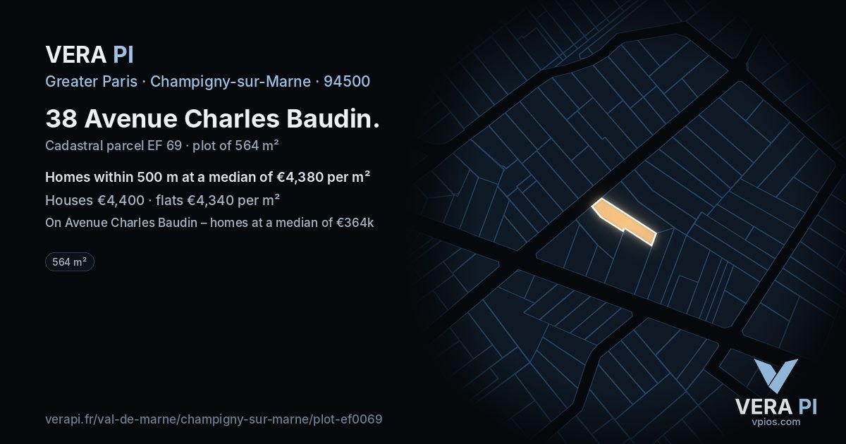 38 Avenue Charles Baudin, Champigny-sur-Marne at night – the plot lit, the parcels around coloured by the prices near them