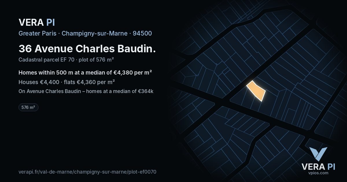 36 Avenue Charles Baudin, Champigny-sur-Marne at night – the plot lit, the parcels around coloured by the prices near them