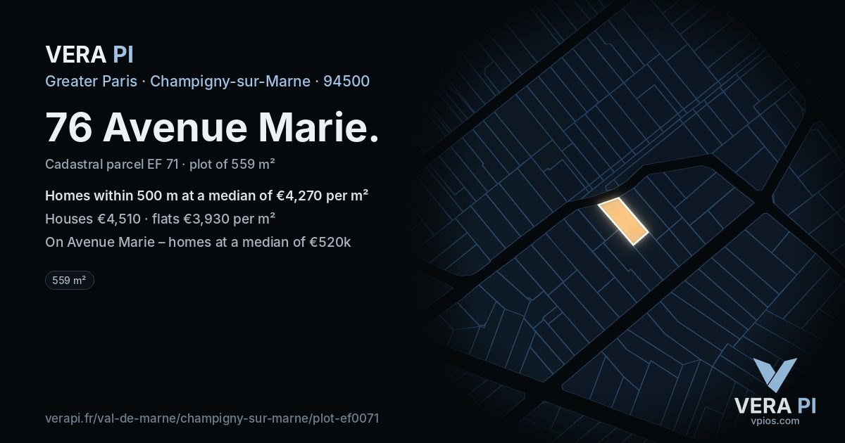 76 Avenue Marie, Champigny-sur-Marne at night – the plot lit, the parcels around coloured by the prices near them
