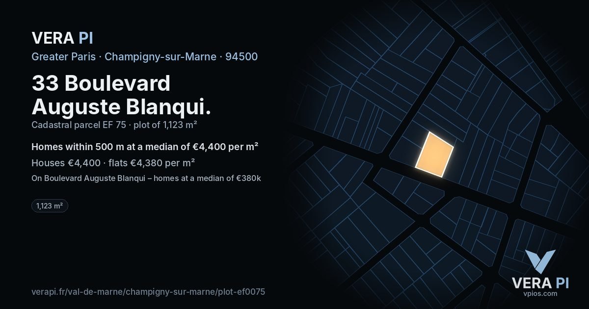 33 Boulevard Auguste Blanqui, Champigny-sur-Marne at night – the plot lit, the parcels around coloured by the prices near them