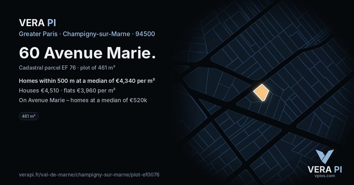 60 Avenue Marie, Champigny-sur-Marne at night – the plot lit, the parcels around coloured by the prices near them