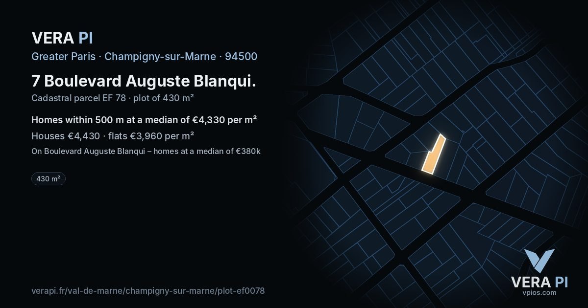 7 Boulevard Auguste Blanqui, Champigny-sur-Marne at night – the plot lit, the parcels around coloured by the prices near them