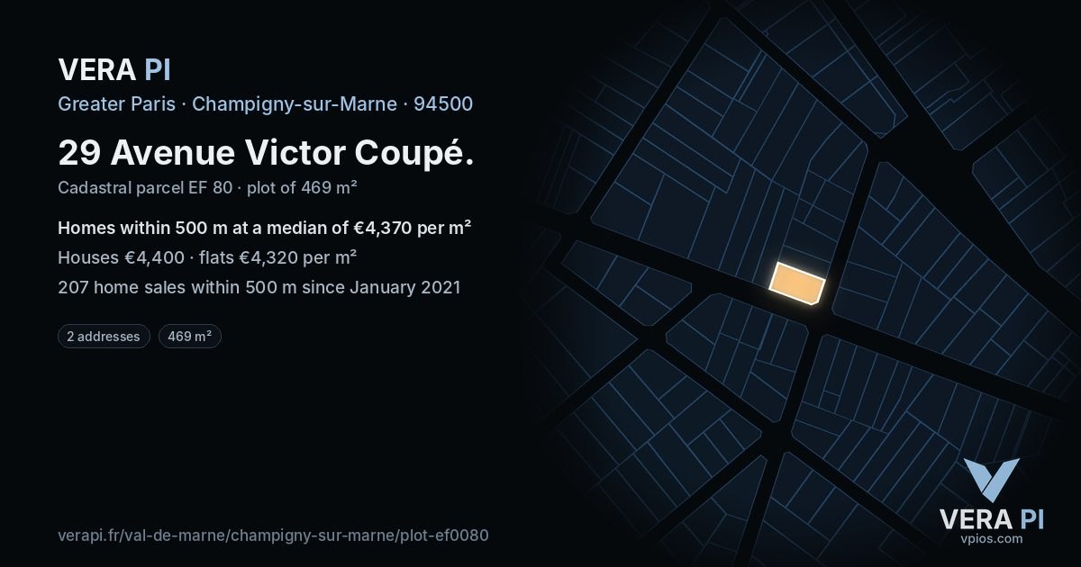 29 Avenue Victor Coupé, Champigny-sur-Marne at night – the plot lit, the parcels around coloured by the prices near them