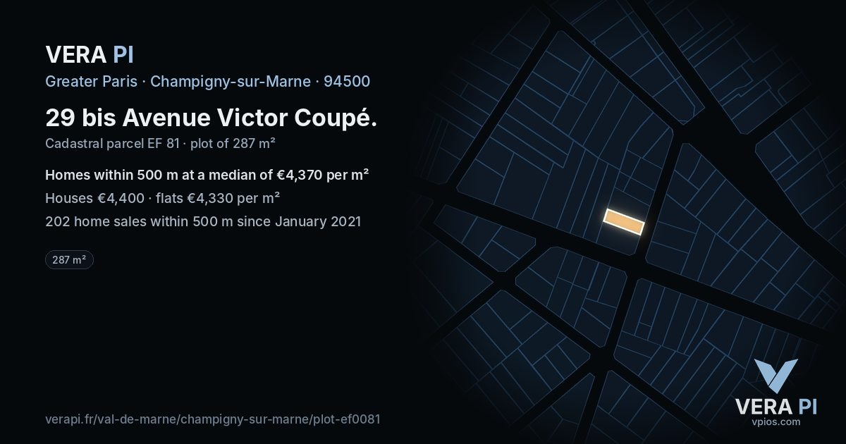 29 bis Avenue Victor Coupé, Champigny-sur-Marne at night – the plot lit, the parcels around coloured by the prices near them