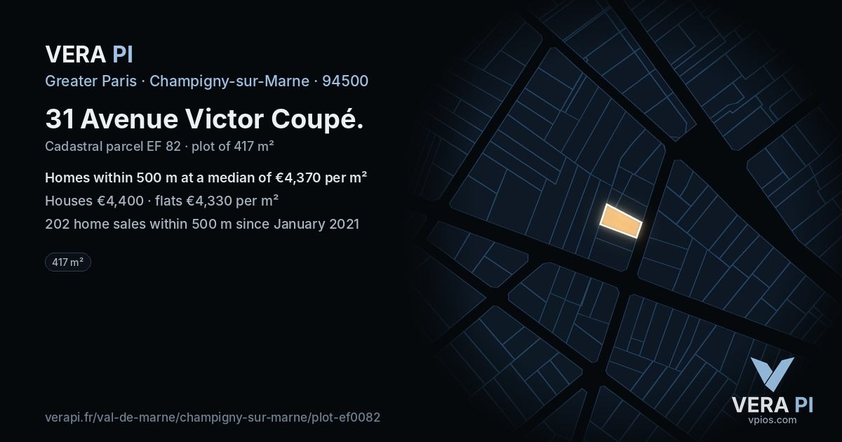 31 Avenue Victor Coupé, Champigny-sur-Marne at night – the plot lit, the parcels around coloured by the prices near them