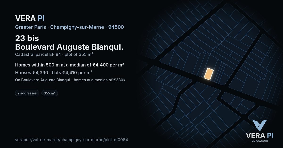 23 bis Boulevard Auguste Blanqui, Champigny-sur-Marne at night – the plot lit, the parcels around coloured by the prices near them